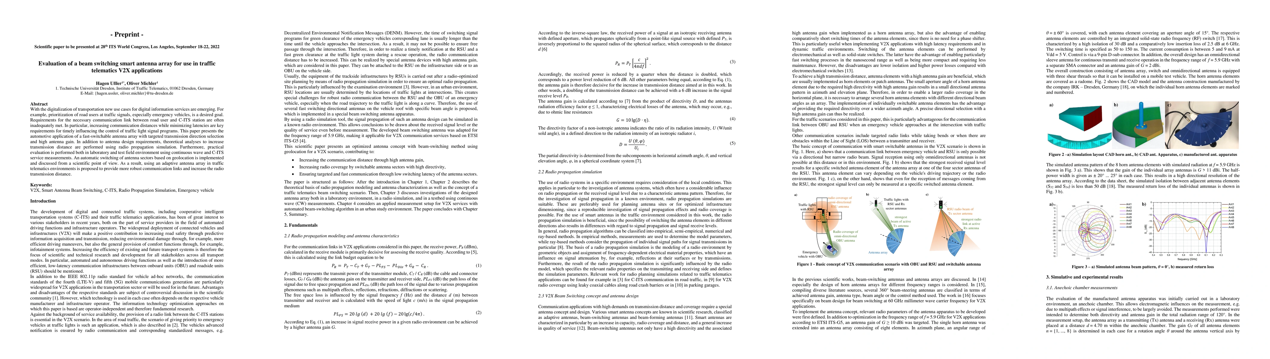 Thumbnail for Evaluation of a beam switching smart antenna array for use in traffic
  telematics V2X applications