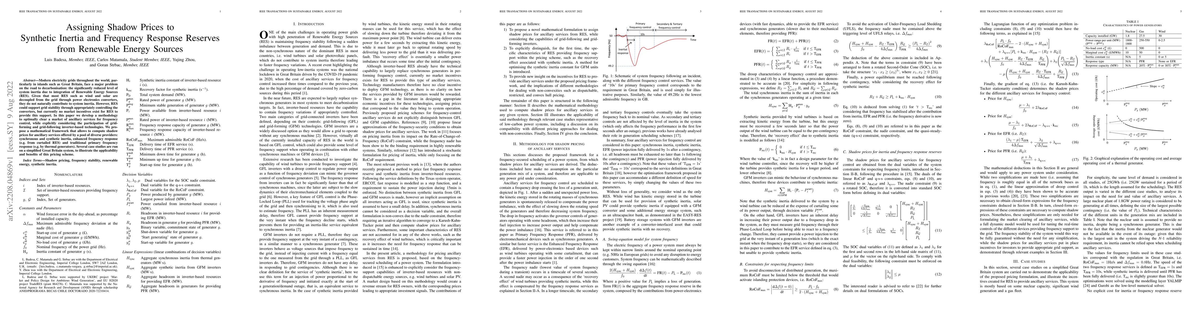 Thumbnail for Assigning Shadow Prices to Synthetic Inertia and Frequency Response
  Reserves from Renewable Energy Sources