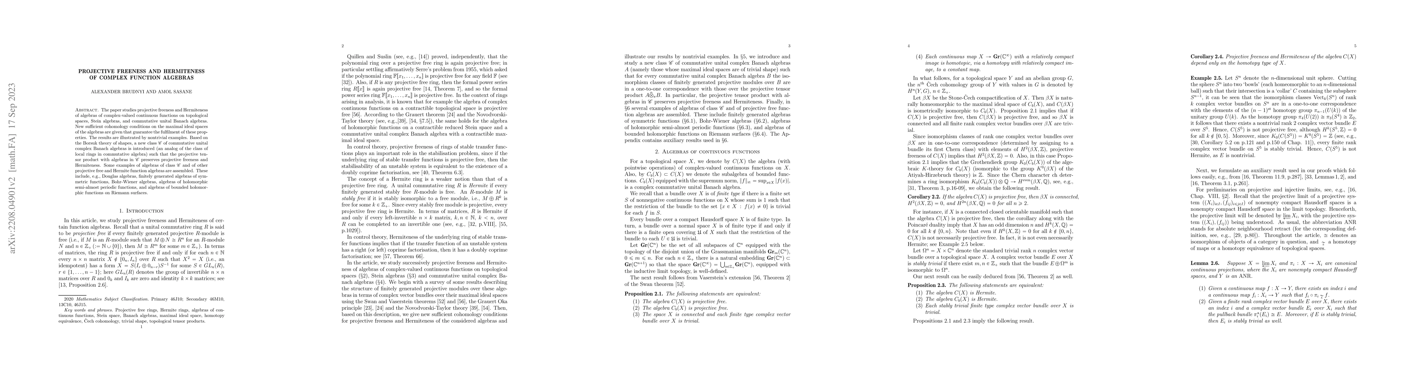 Thumbnail for Projective freeness and Hermiteness of complex function algebras
