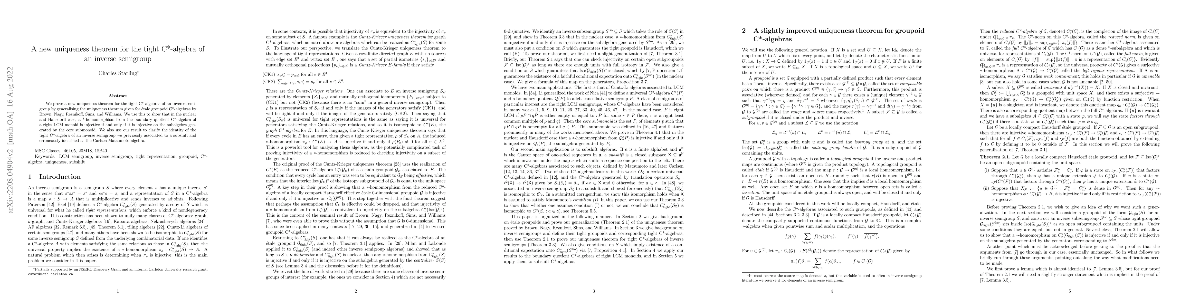 Thumbnail for A new uniqueness theorem for the tight C*-algebra of an inverse
  semigroup