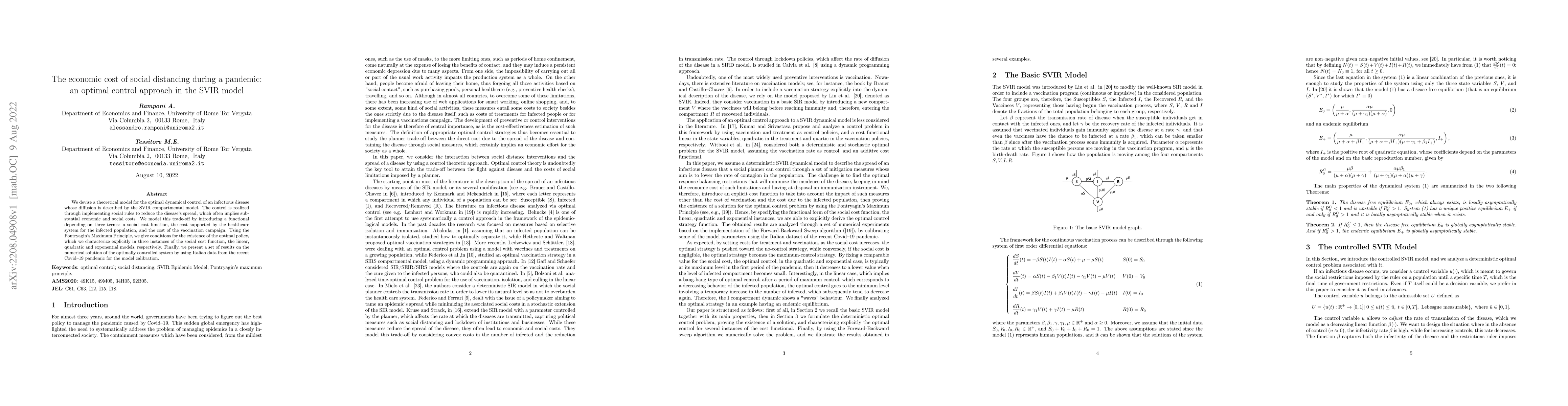 Thumbnail for The economic cost of social distancing during a pandemic: an optimal
  control approach in the SVIR model