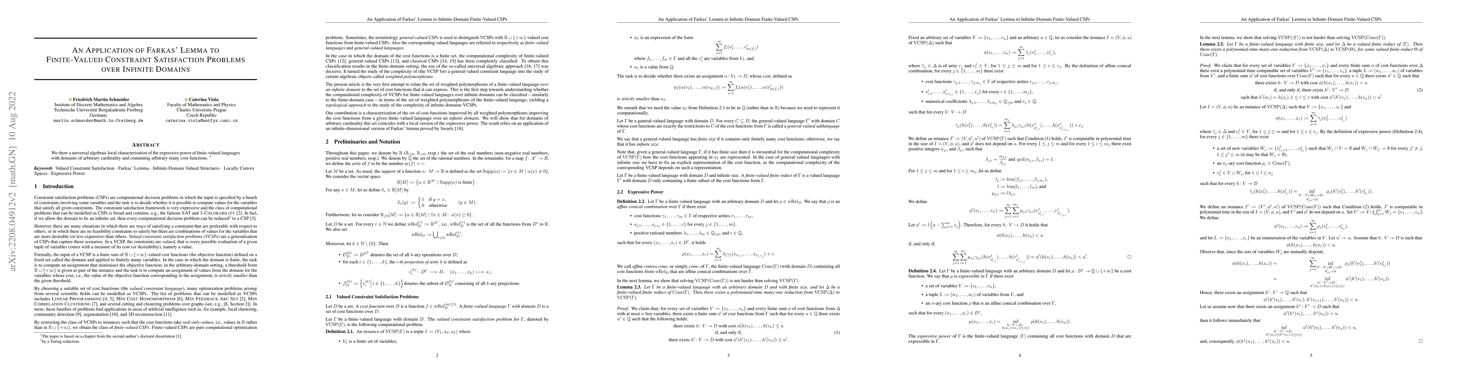 Thumbnail for An Application of Farkas' Lemma to Finite-Valued Constraint Satisfaction
  Problems over Infinite Domains