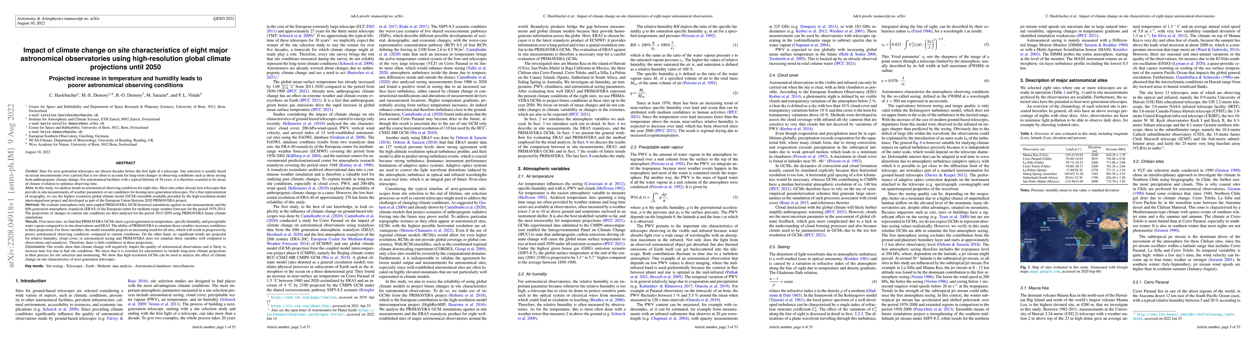 Thumbnail for Impact of climate change on site characteristics of eight major
  astronomical observatories using high-resolution global climate projections
  until 2050