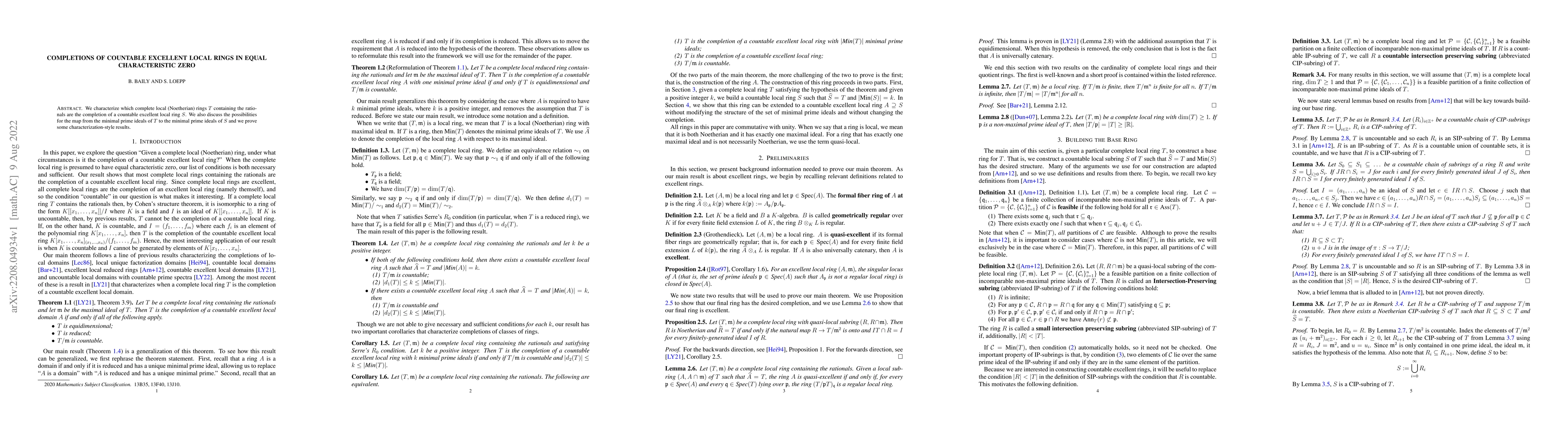 Thumbnail for Completions of Countable Excellent Local Rings in Equal Characteristic
  Zero