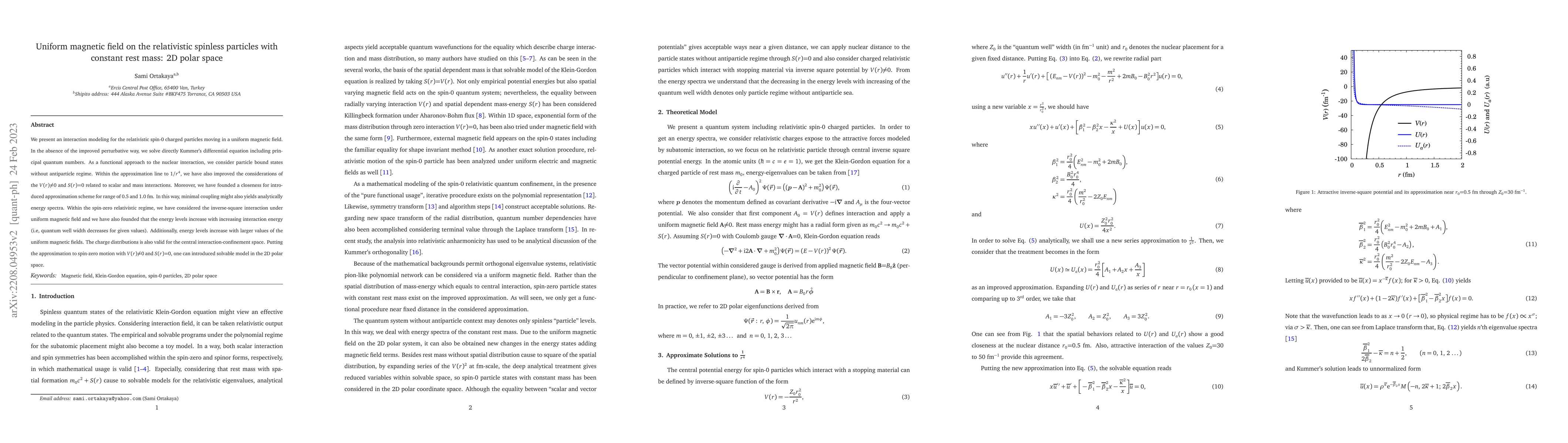Thumbnail for Uniform magnetic field on the relativistic spinless particles with
  constant rest mass: 2D polar space