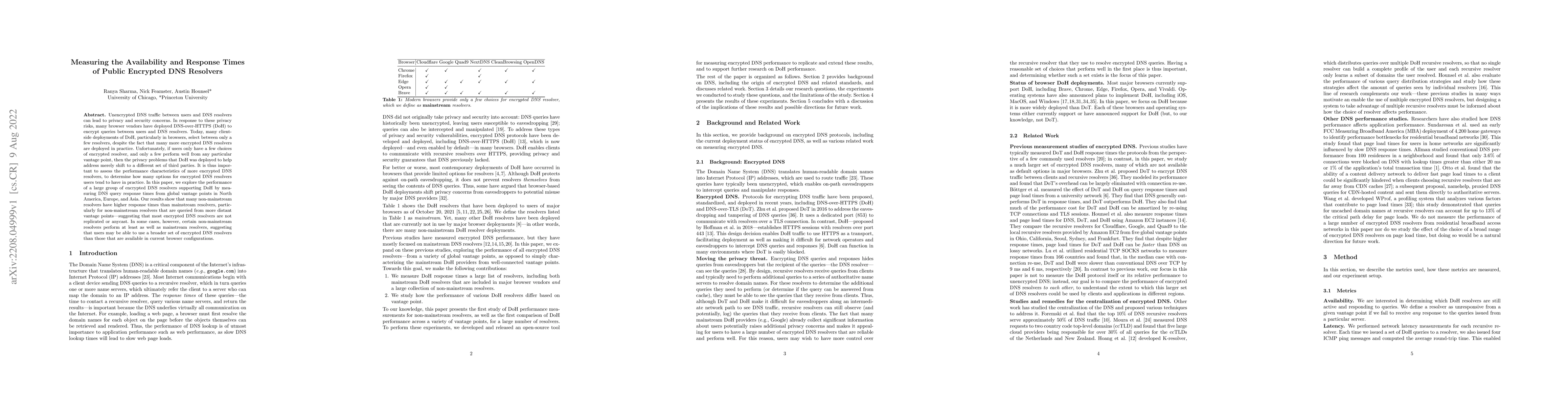 Thumbnail for Measuring the Availability and Response Times of Public Encrypted DNS
  Resolvers