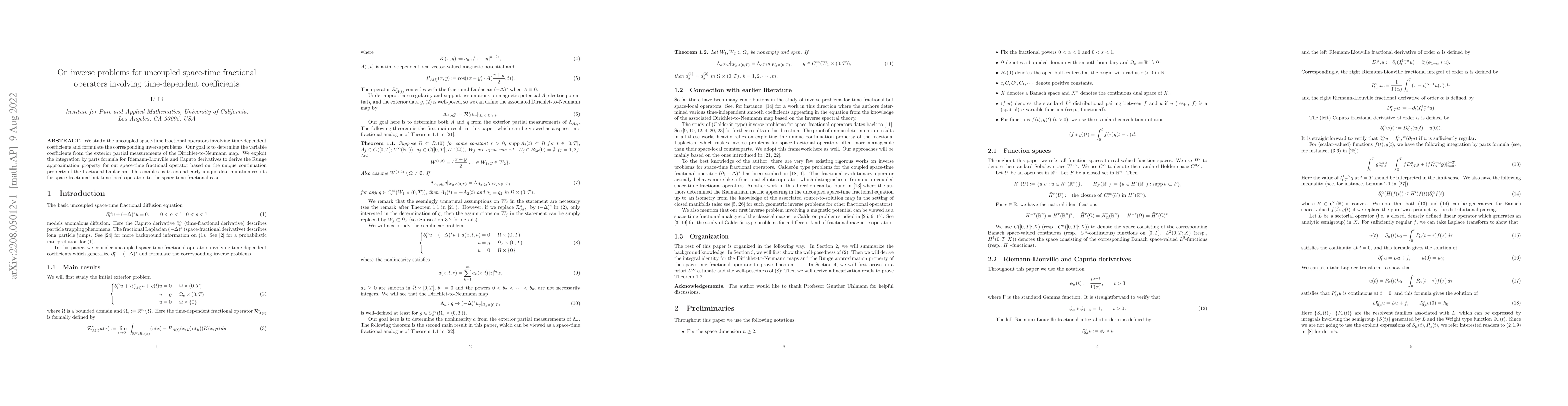 Thumbnail for On inverse problems for uncoupled space-time fractional operators
  involving time-dependent coefficients
