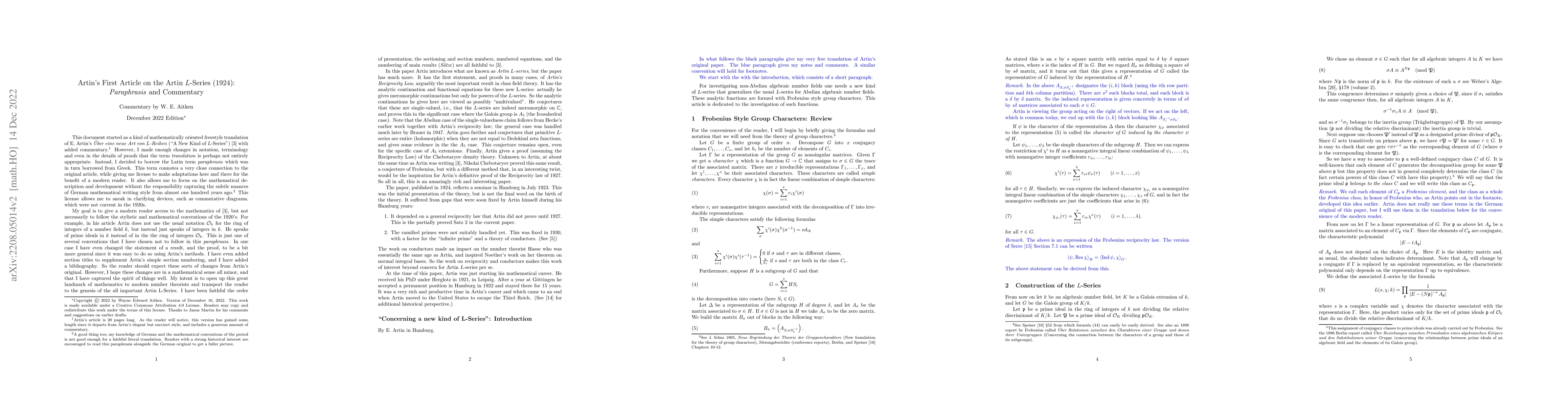 Thumbnail for Artin's First Article on the Artin L-Series (1924): Paraphrasis and
  Commentary