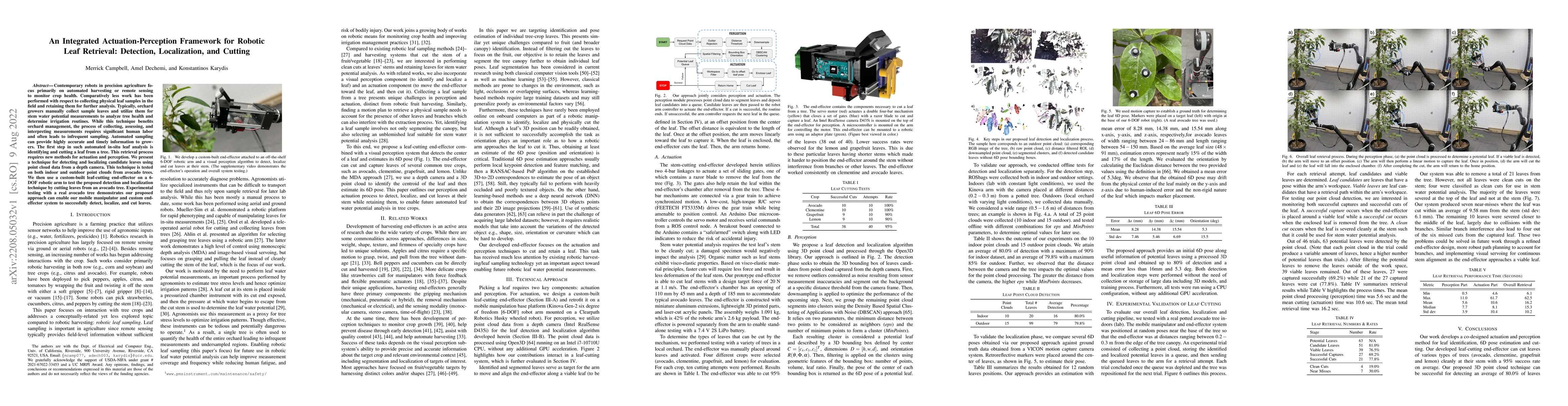 Thumbnail for An Integrated Actuation-Perception Framework for Robotic Leaf Retrieval:
  Detection, Localization, and Cutting