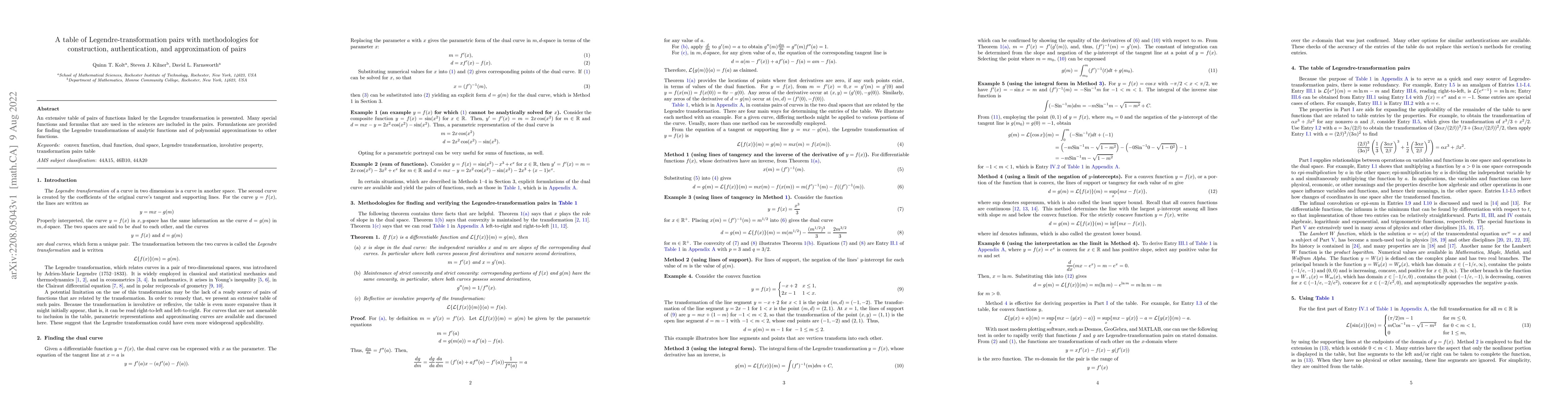 Thumbnail for A table of Legendre-transformation pairs with methodologies for
  construction, authentication, and approximation of pairs