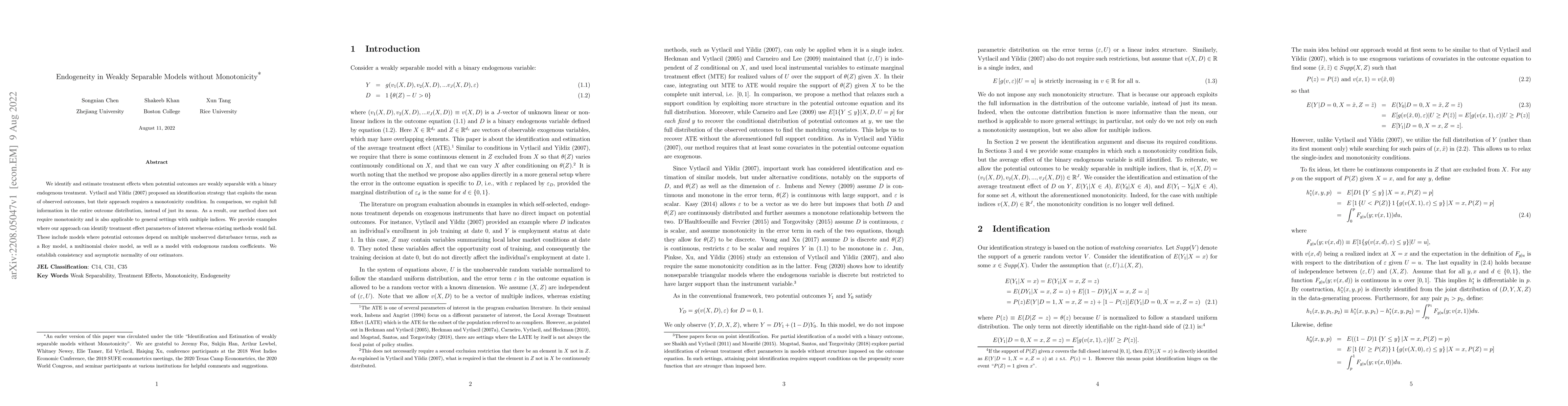 Thumbnail for Endogeneity in Weakly Separable Models without Monotonicity