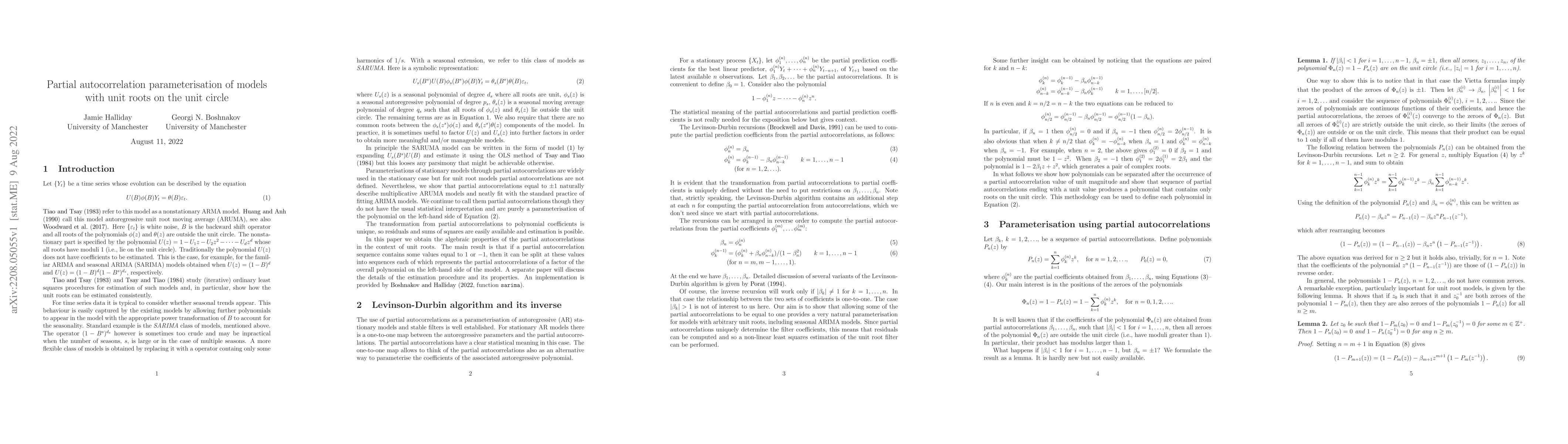 Thumbnail for Partial autocorrelation parameterisation of models with unit roots on
  the unit circle