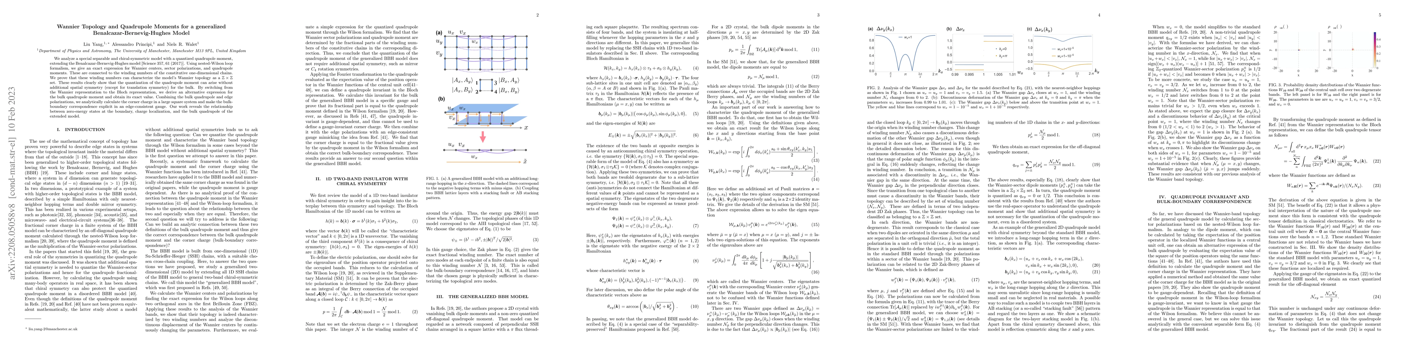 Thumbnail for Wannier Topology and Quadrupole Moments for a generalized
  Benalcazar-Bernevig-Hughes Model