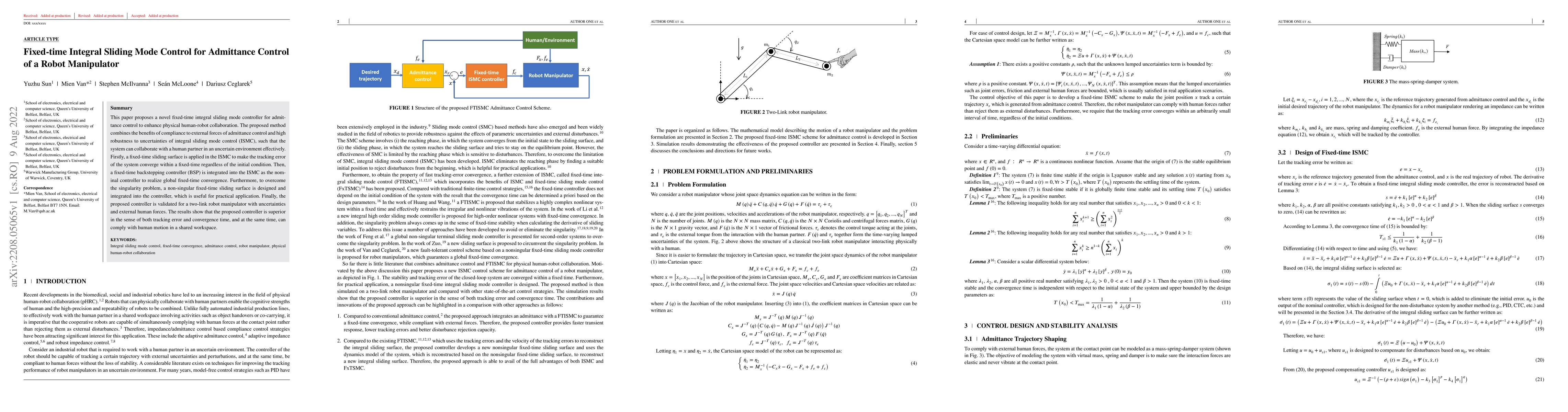 Thumbnail for Fixed-time Integral Sliding Mode Control for Admittance Control of a
  Robot Manipulator