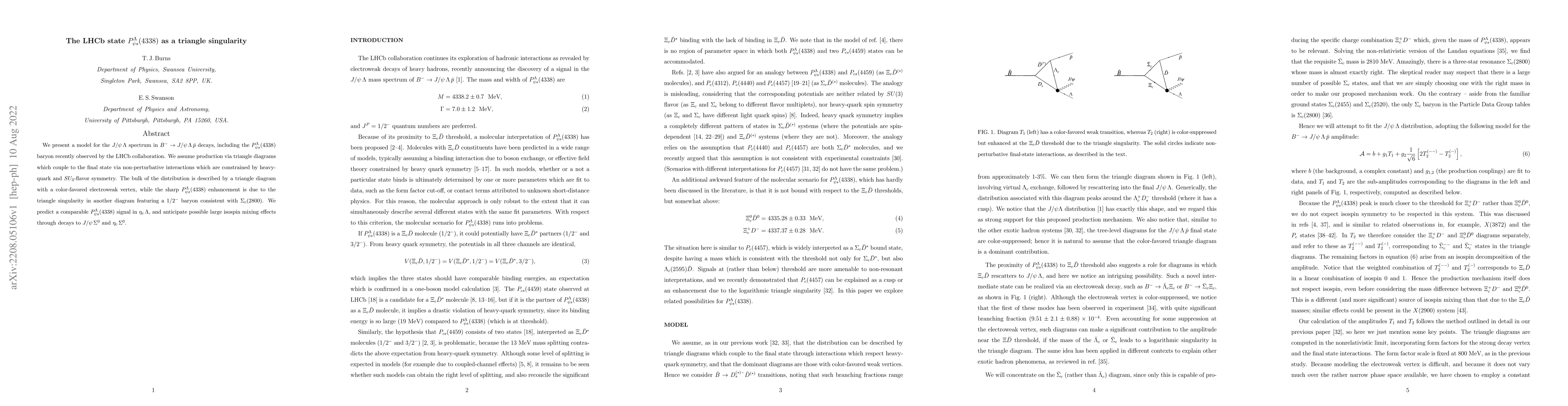 Thumbnail for The LHCb state $P_{\psi s}^\Lambda(4338)$ as a triangle singularity