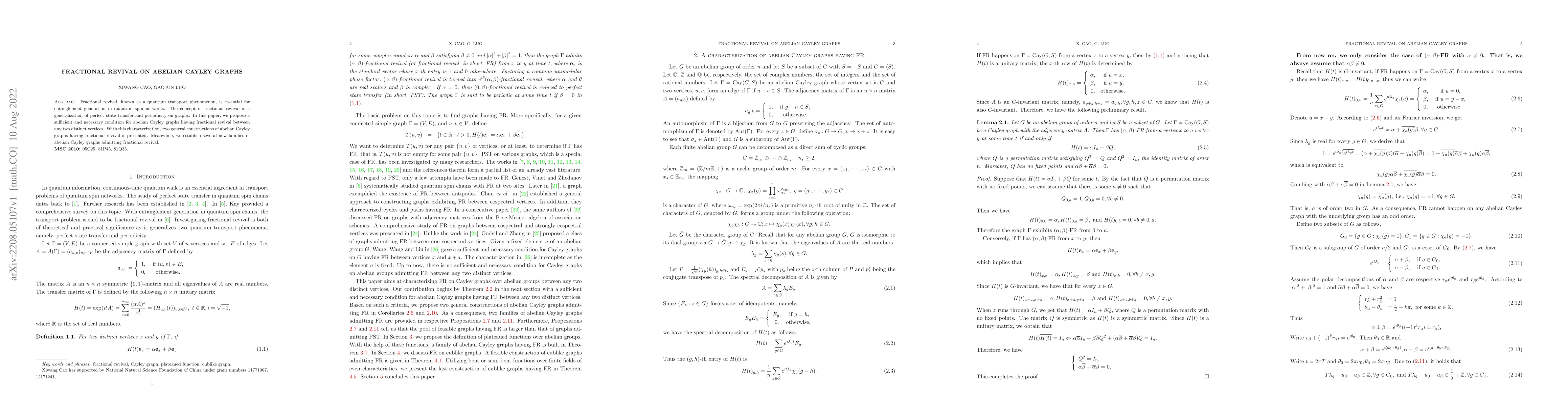 Thumbnail for Fractional revival on abelian Cayley graphs