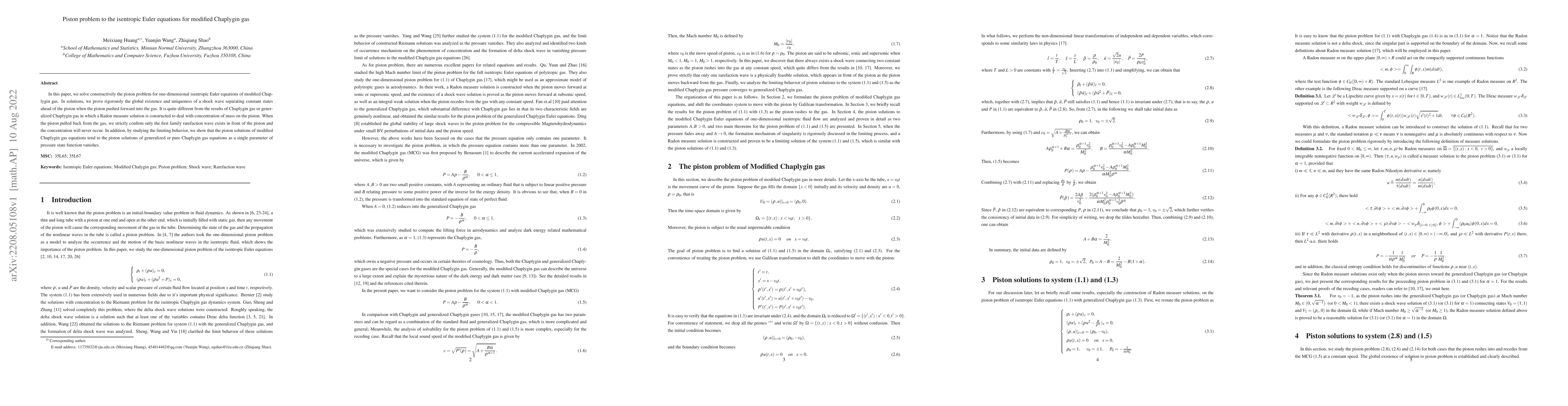 Thumbnail for Piston problem to the isentropic Euler equations for modified Chaplygin
  gas
