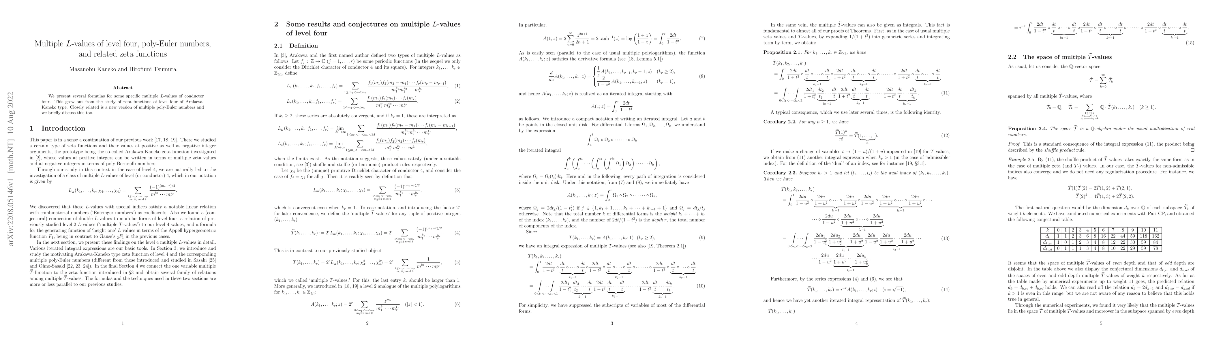 Thumbnail for Multiple $L$-values of level four, poly-Euler numbers, and related zeta
  functions
