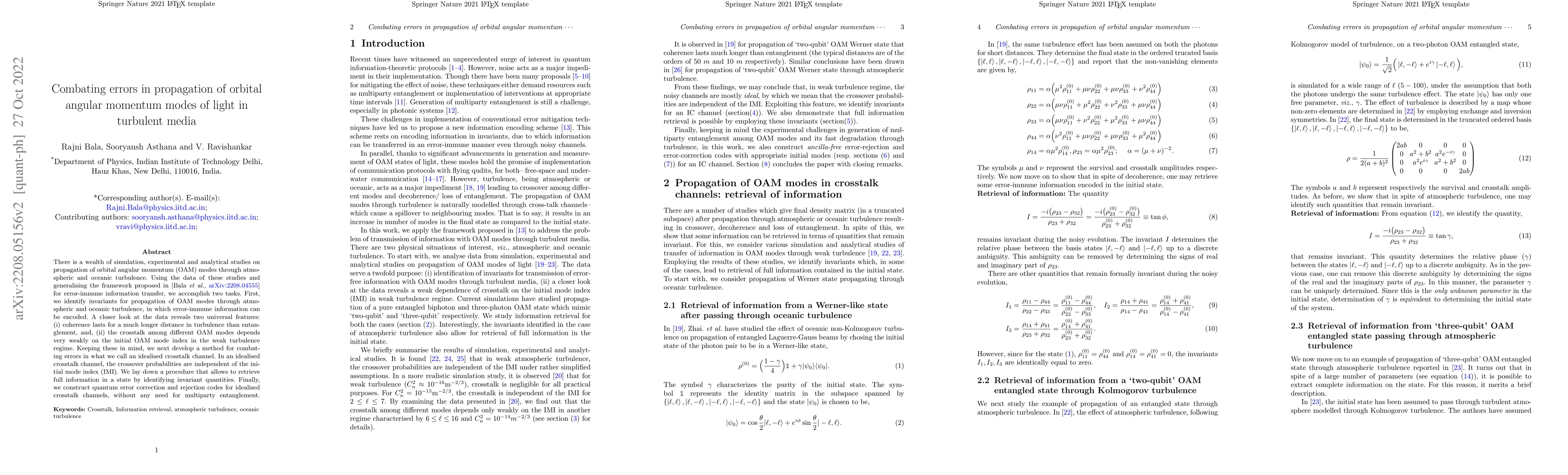 Thumbnail for Combating errors in propagation of orbital angular momentum modes of
  light in turbulent media