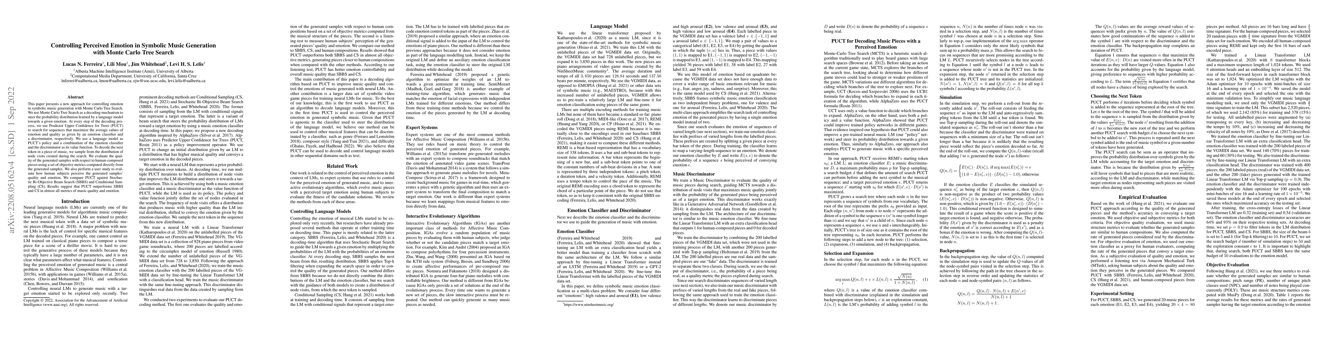 Thumbnail for Controlling Perceived Emotion in Symbolic Music Generation with Monte
  Carlo Tree Search