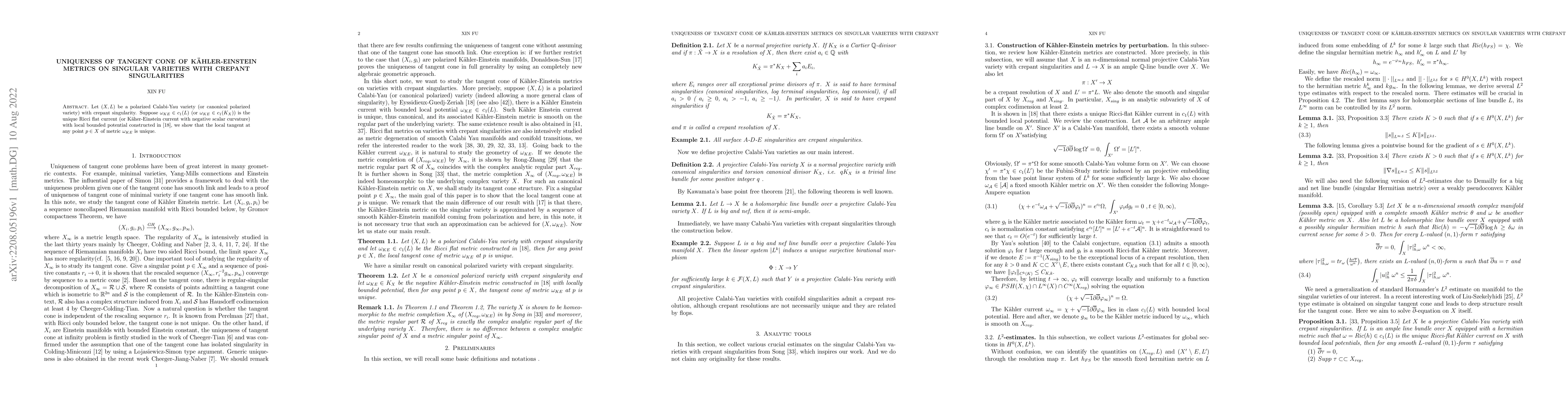 Thumbnail for Uniqueness of Tangent Cone of Kahler Einstein Metrics on Singular
  Varieties with Crepant Singularities
