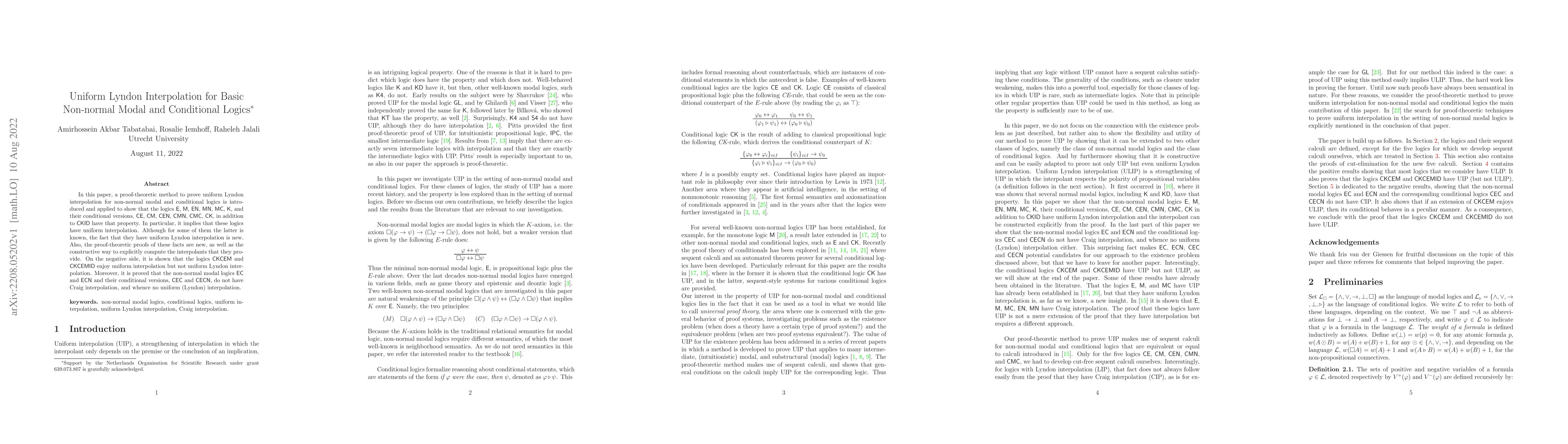 Thumbnail for Uniform Lyndon Interpolation for Basic Non-normal Modal and Conditional
  Logics