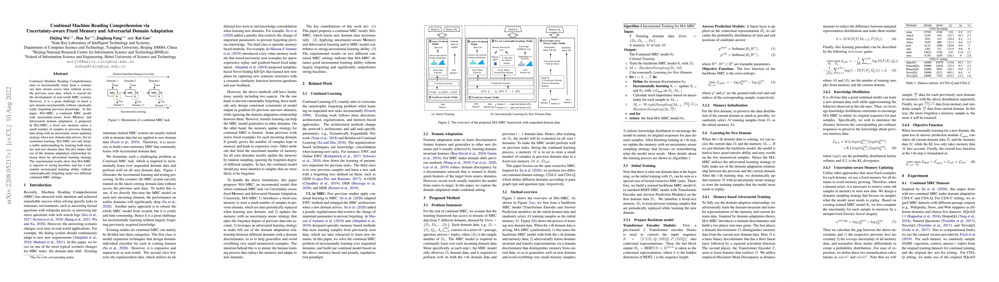 Thumbnail for Continual Machine Reading Comprehension via Uncertainty-aware Fixed
  Memory and Adversarial Domain Adaptation