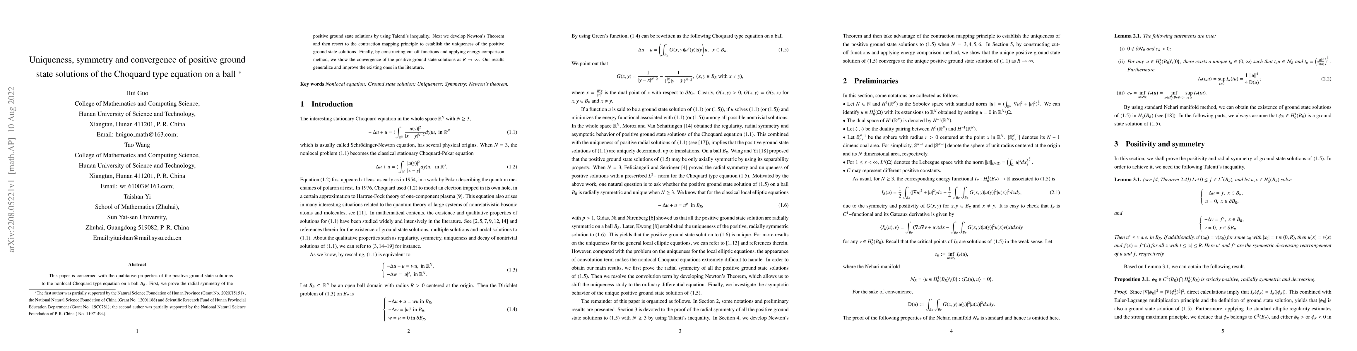 Thumbnail for Uniqueness, symmetry and convergence of positive ground state solutions
  of the Choquard type equation on a ball
