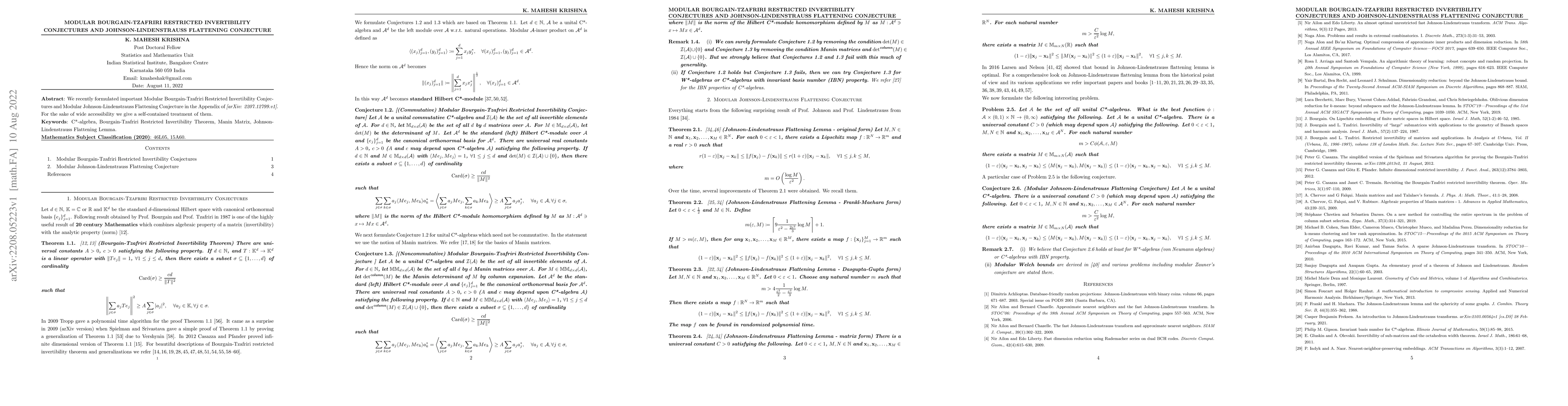Thumbnail for Modular Bourgain-Tzafriri Restricted Invertibility Conjectures and
  Johnson-Lindenstrauss Flattening Conjecture