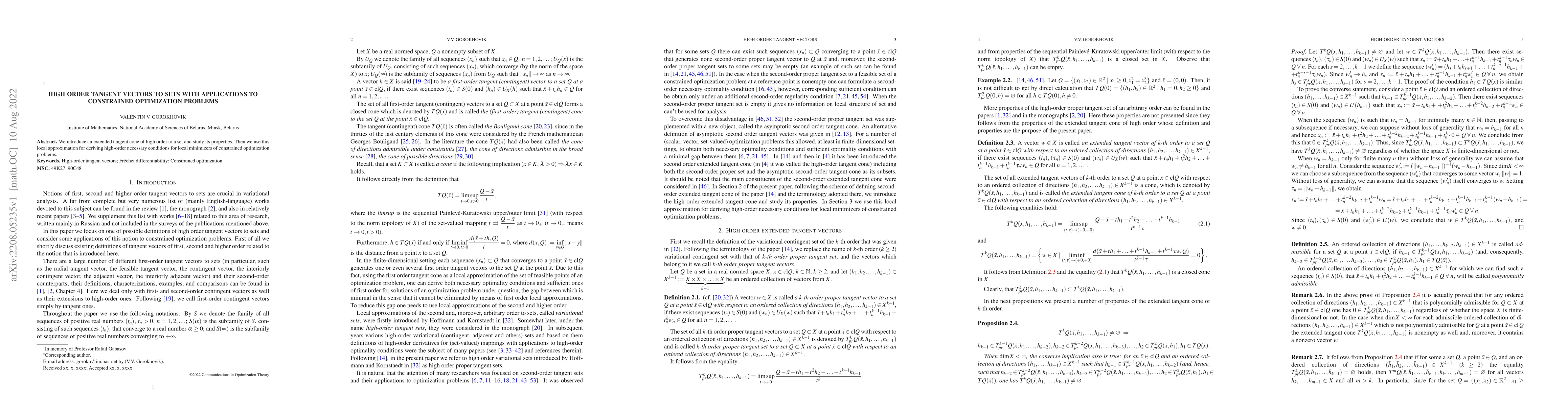 Thumbnail for High order tangent vectors to sets with applications to constrained
  optimization problems