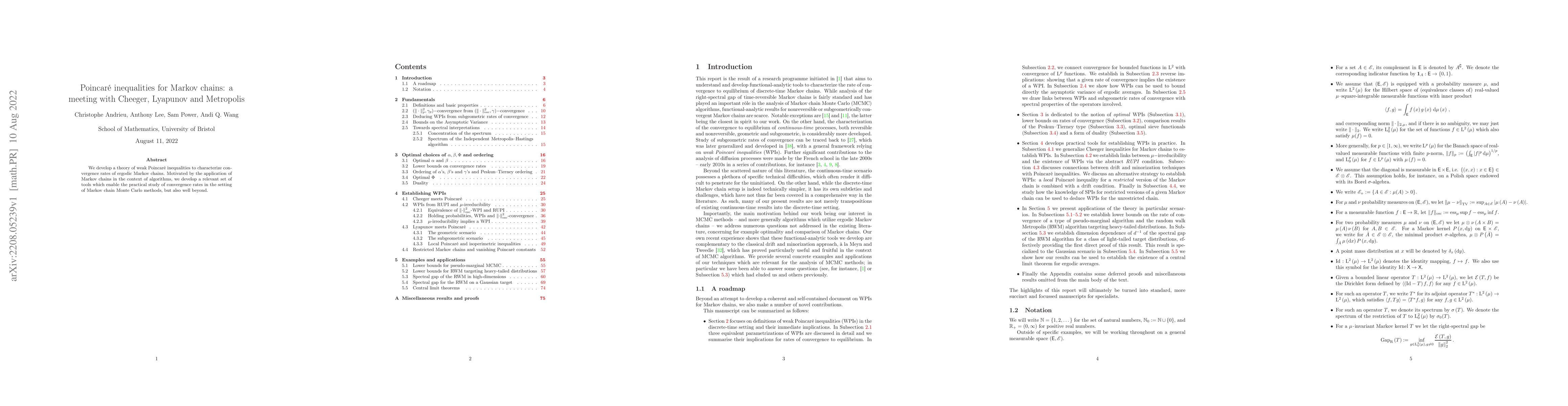 Thumbnail for Poincar\'e inequalities for Markov chains: a meeting with Cheeger,
  Lyapunov and Metropolis