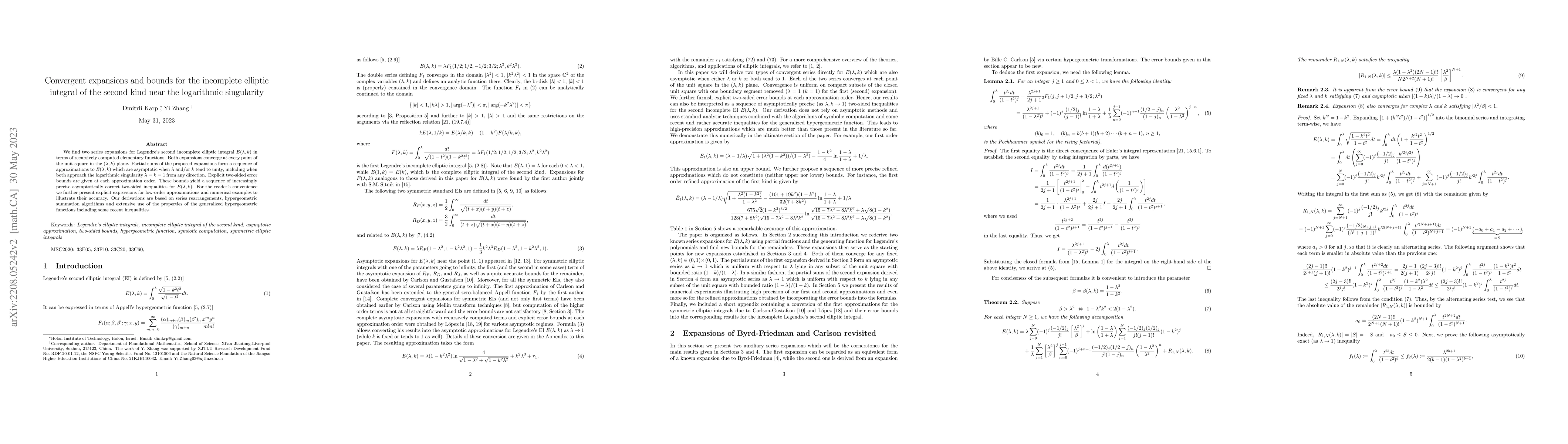 Thumbnail for Convergent expansions and bounds for the incomplete elliptic integral of
  the second kind near the logarithmic singularity