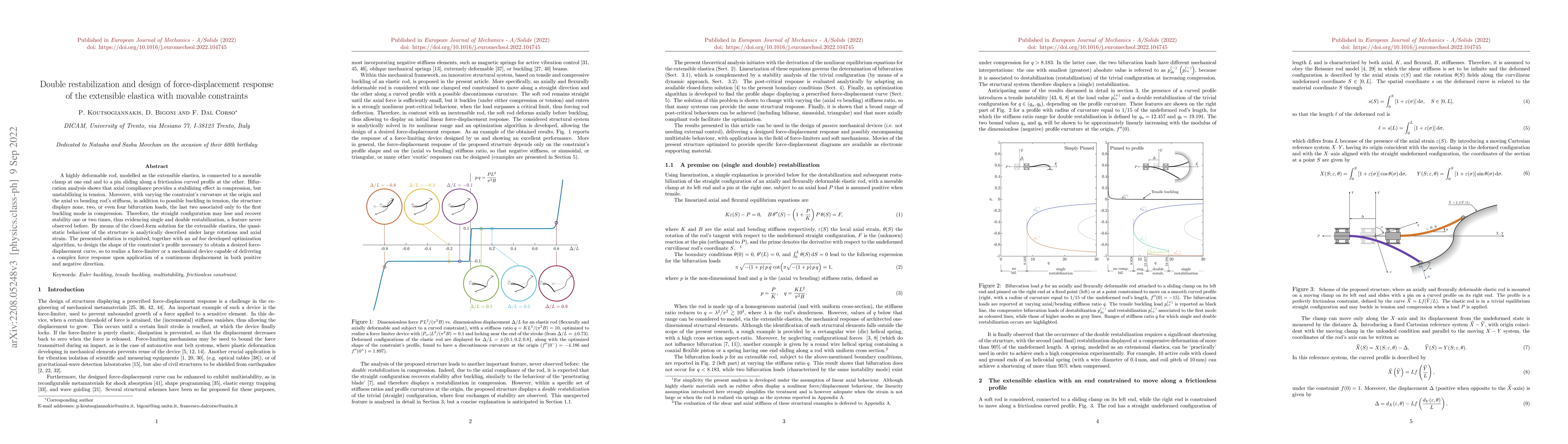 Thumbnail for Double restabilization and design of force-displacement response of the
  extensible elastica with movable constraints