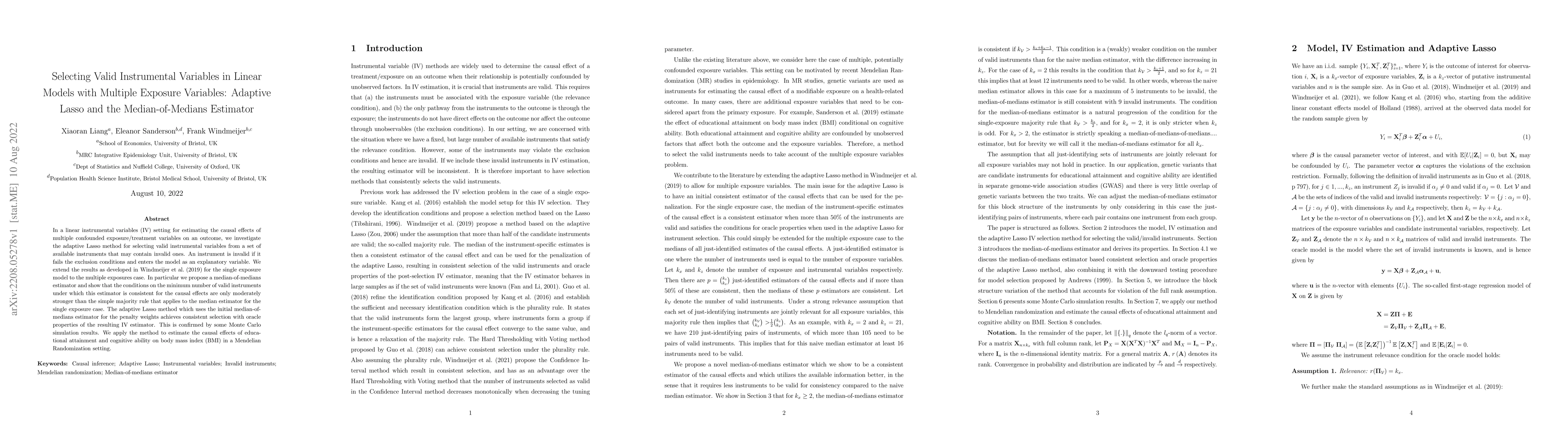 Thumbnail for Selecting Valid Instrumental Variables in Linear Models with Multiple
  Exposure Variables: Adaptive Lasso and the Median-of-Medians Estimator