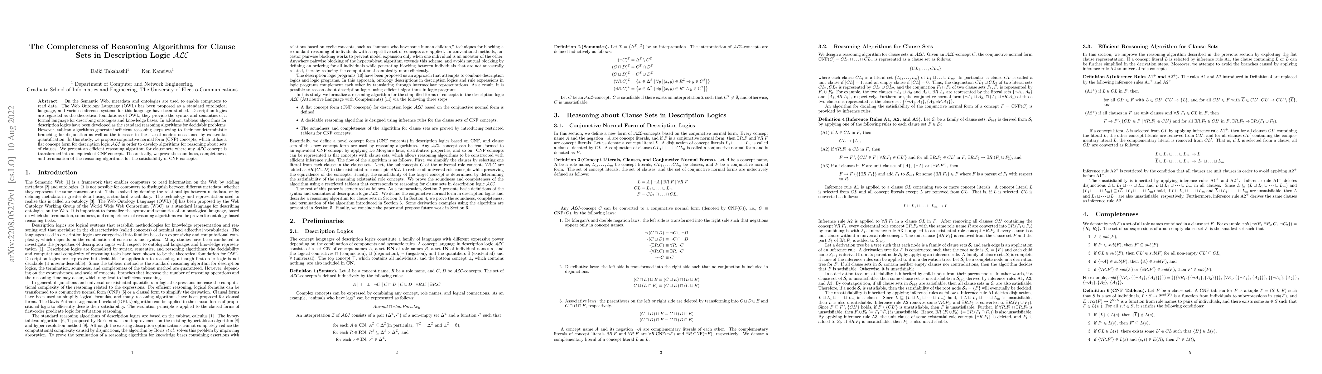 Thumbnail for The Completeness of Reasoning Algorithms for Clause Sets in Description
  Logic ALC