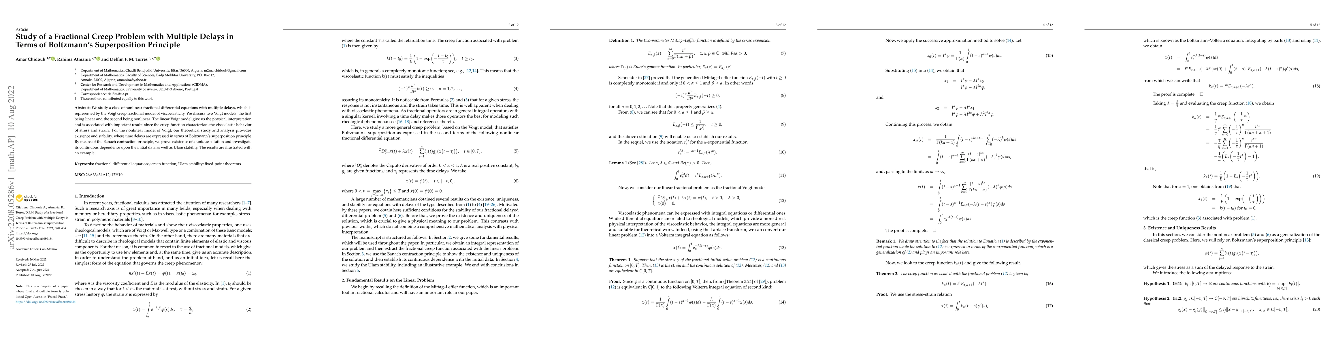 Thumbnail for Study of a Fractional Creep Problem with Multiple Delays in Terms of
  Boltzmann's Superposition Principle