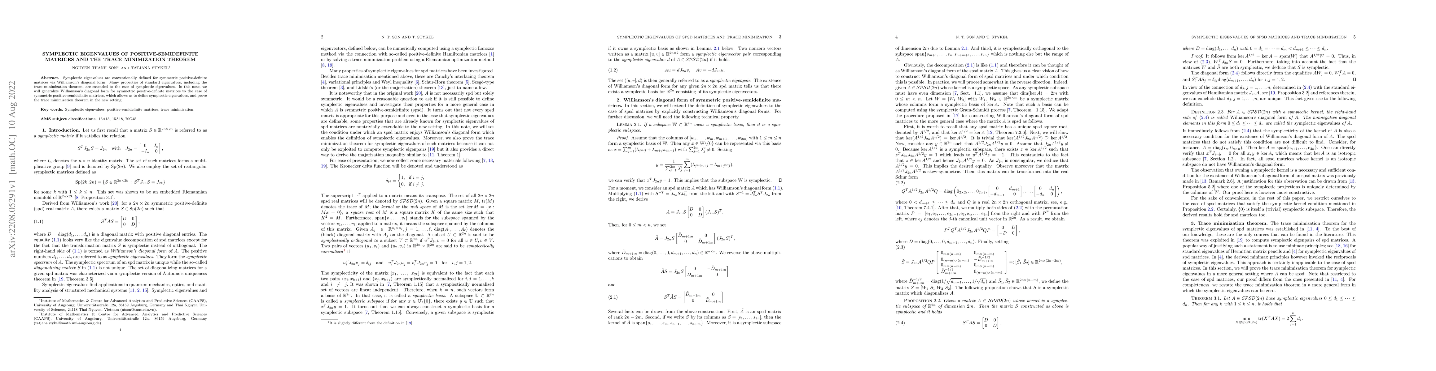 Thumbnail for Symplectic eigenvalues of positive-semidefinite matrices and the trace
  minimization theorem