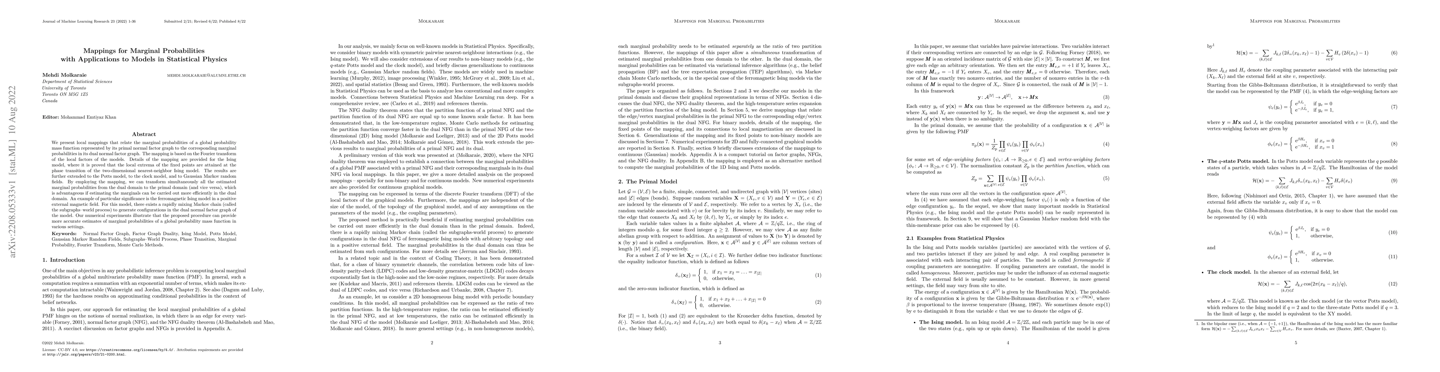 Thumbnail for Mappings for Marginal Probabilities with Applications to Models in
  Statistical Physics