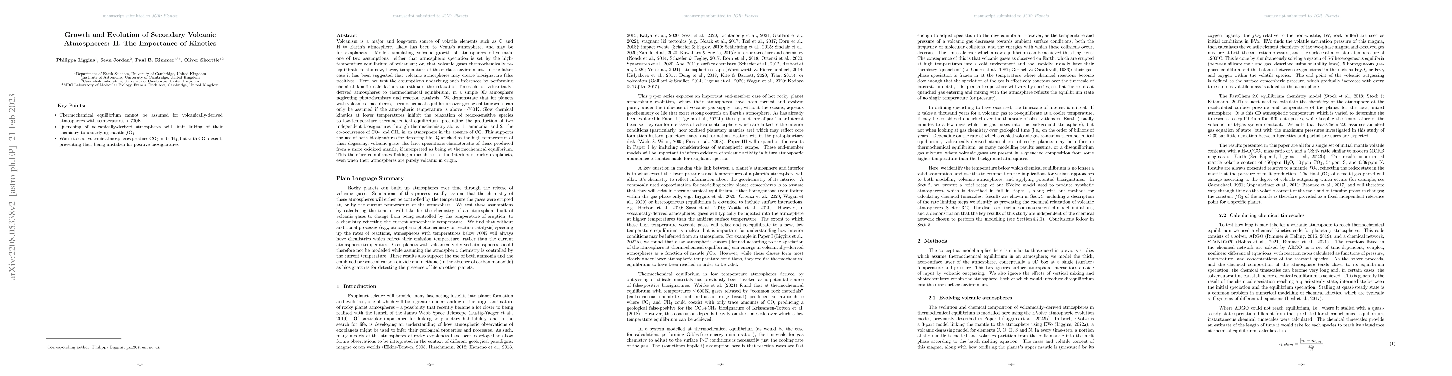 Thumbnail for Growth and Evolution of Secondary Volcanic Atmospheres: II. The
  Importance of Kinetics