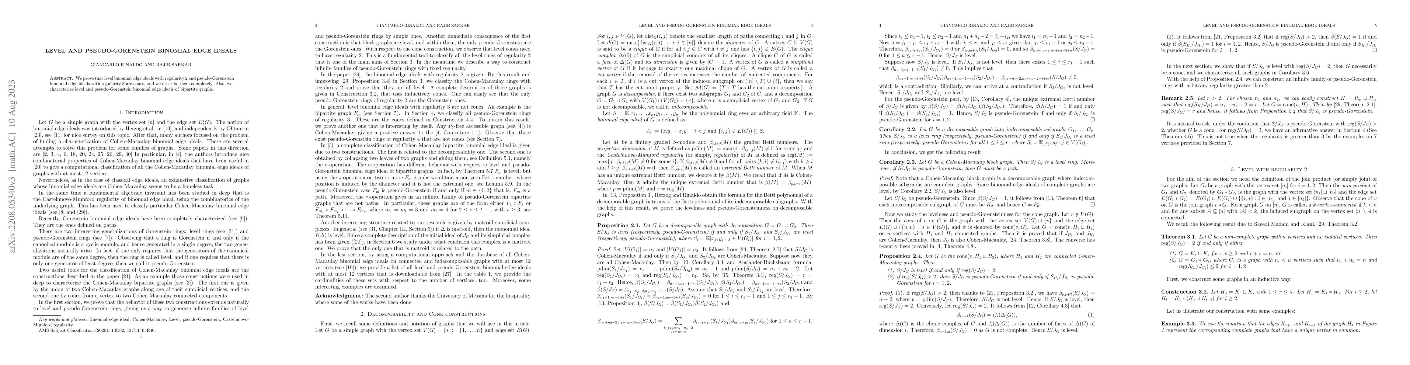 Thumbnail for Level and pseudo-Gorenstein binomial edge ideals