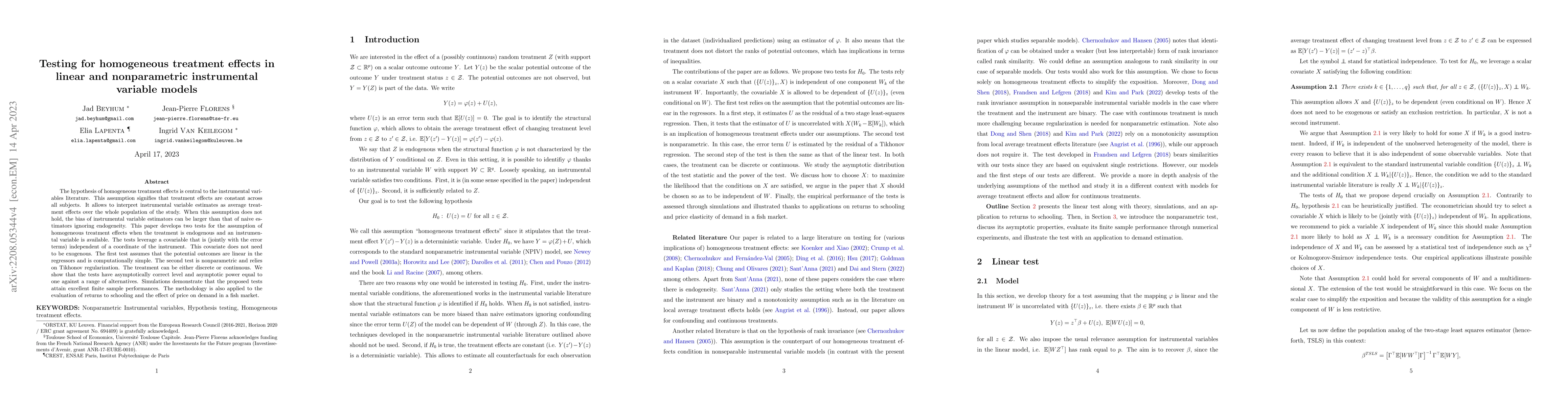 Thumbnail for Testing for homogeneous treatment effects in linear and nonparametric
  instrumental variable models