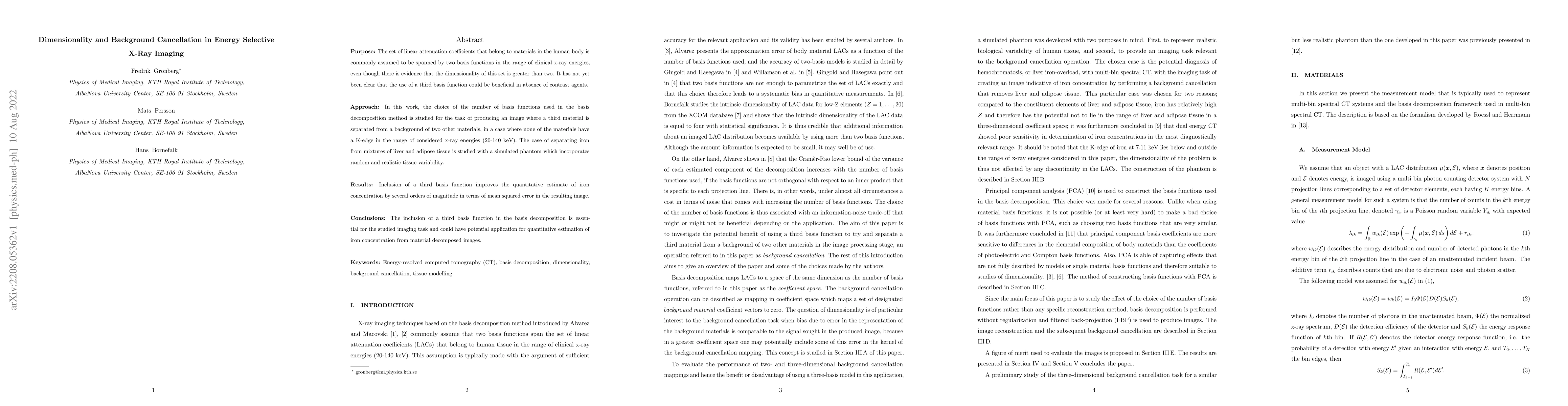 Thumbnail for Dimensionality and Background Cancellation in Energy Selective X-Ray
  Imaging