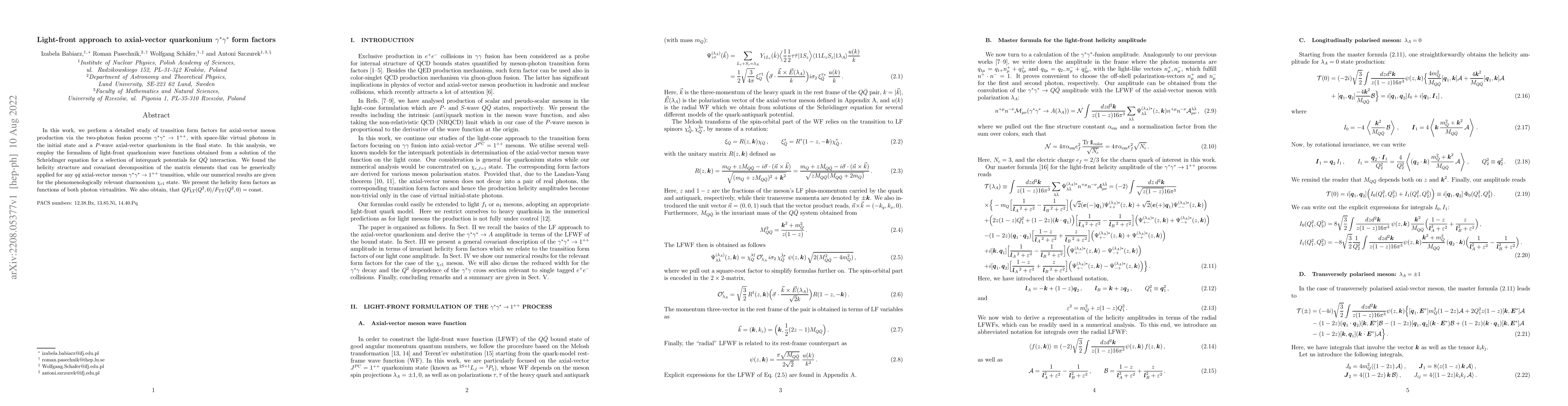 Thumbnail for Light-front approach to axial-vector quarkonium $\gamma^* \gamma^*$ form
  factors