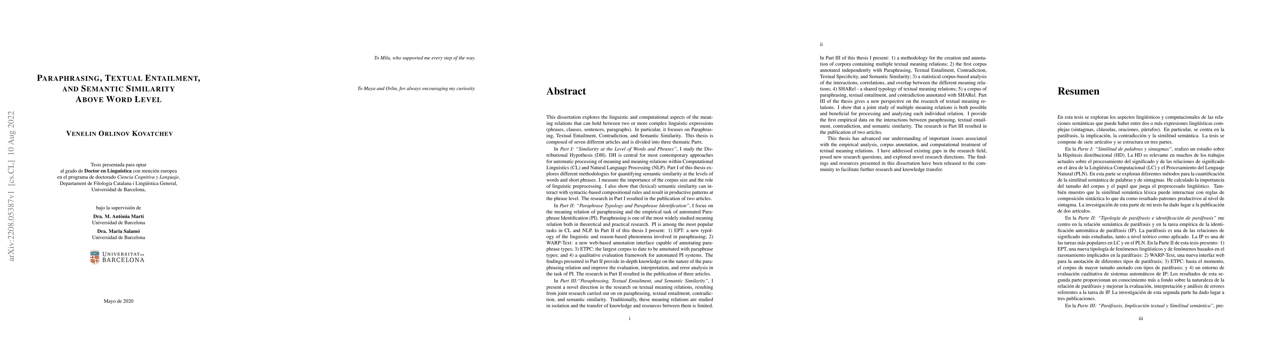 Thumbnail for Paraphrasing, textual entailment, and semantic similarity above word
  level