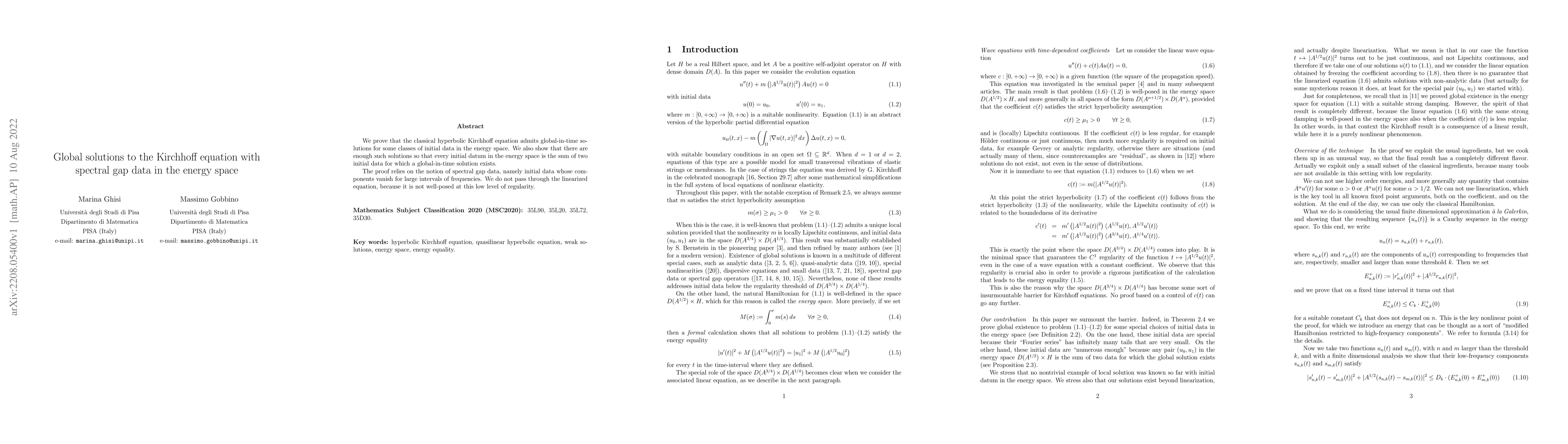 Thumbnail for Global solutions to the Kirchhoff equation with spectral gap data in the
  energy space
