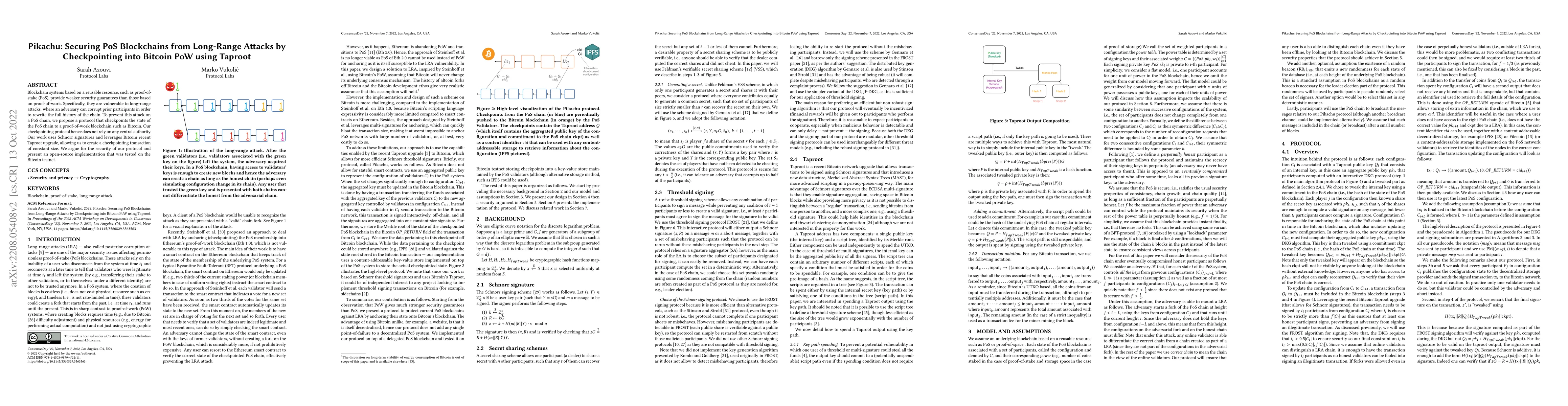 Thumbnail for Pikachu: Securing PoS Blockchains from Long-Range Attacks by
  Checkpointing into Bitcoin PoW using Taproot