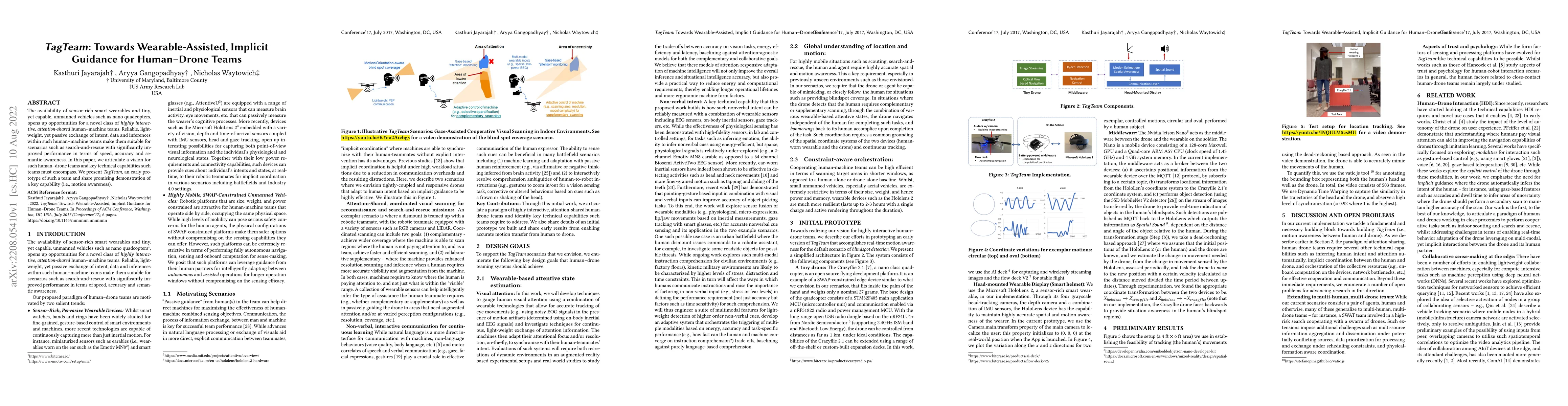 Thumbnail for TagTeam: Towards Wearable-Assisted, Implicit Guidance for Human--Drone
  Teams