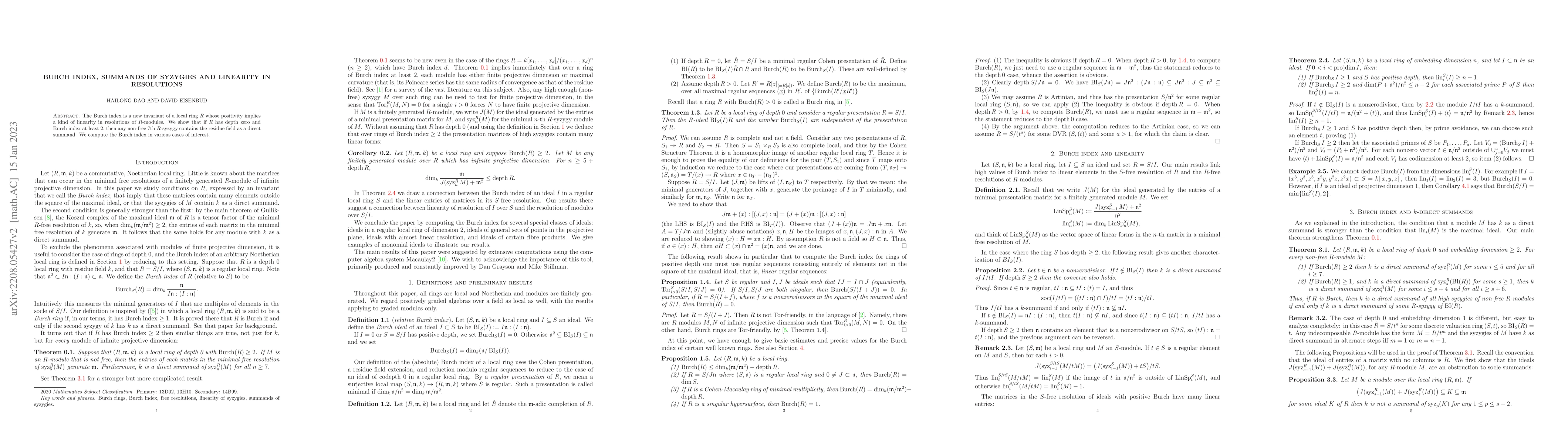 Thumbnail for Burch index, summands of syzygies and linearity in resolutions