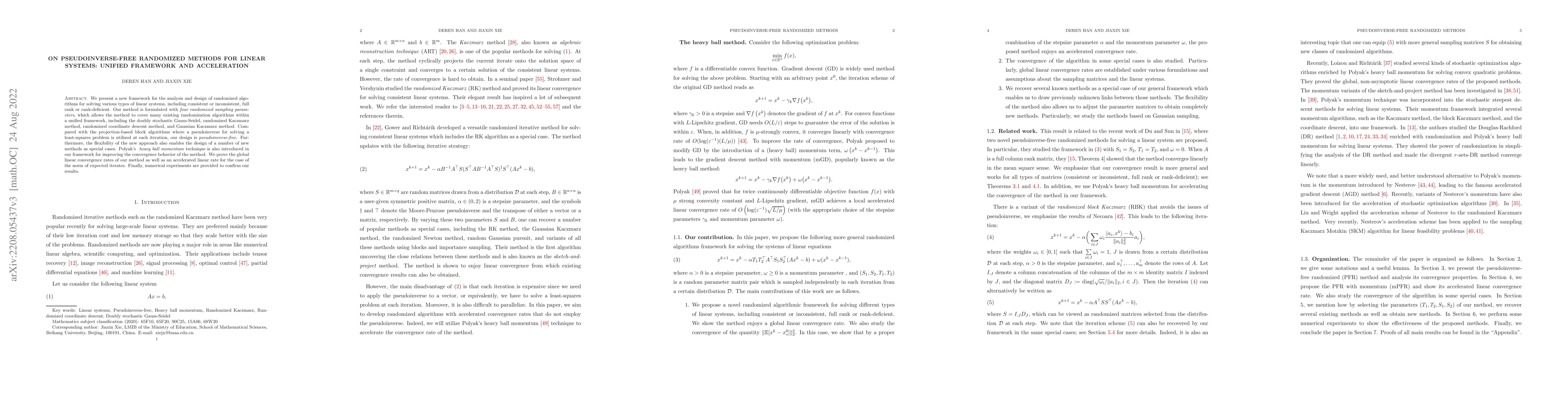 Thumbnail for On pseudoinverse-free randomized methods for linear systems: Unified
  framework and acceleration