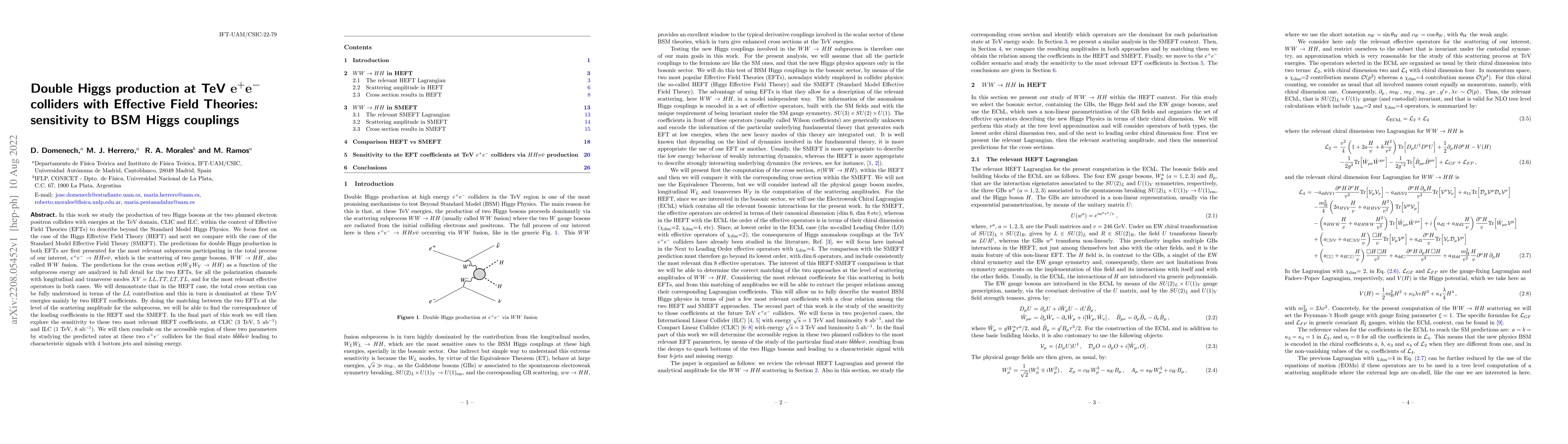 Thumbnail for Double Higgs production at TeV $e^+e^-$ colliders with Effective Field
  Theories: sensitivity to BSM Higgs couplings